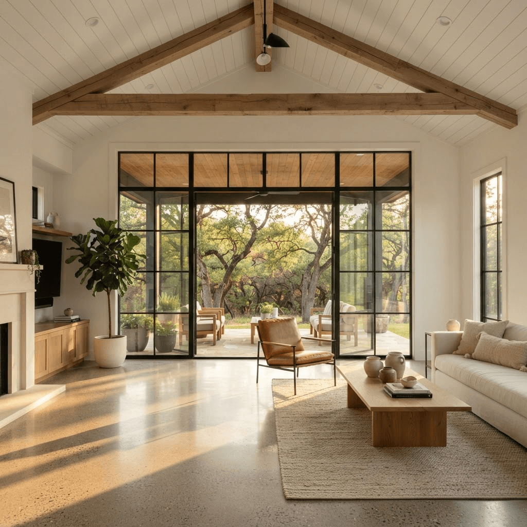 New home addition with vaulted ceiling and steel-framed glass doors in Austin