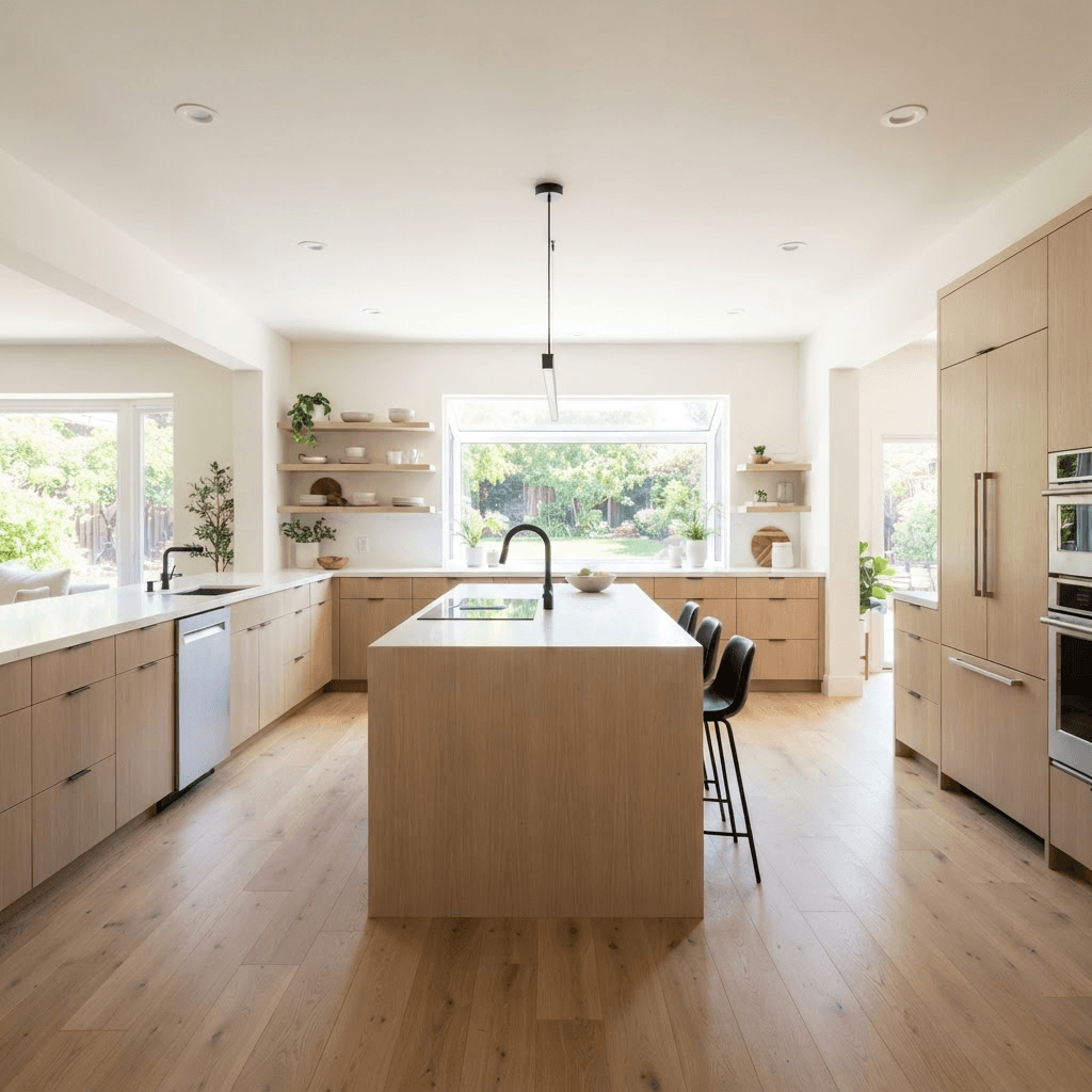 The same kitchen after remodeling with white oak cabinets, quartz counters, and an island
