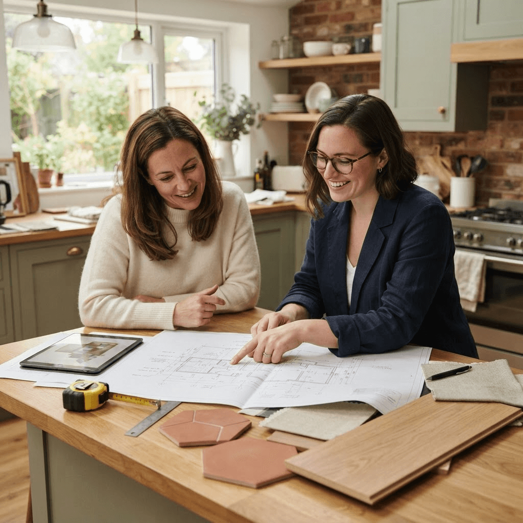 Designer reviewing remodel plans and material samples with an Austin homeowner
