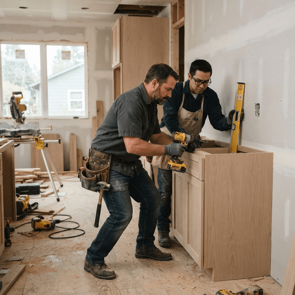 Home Remodel Pro carpenters installing custom white oak cabinetry during a renovation