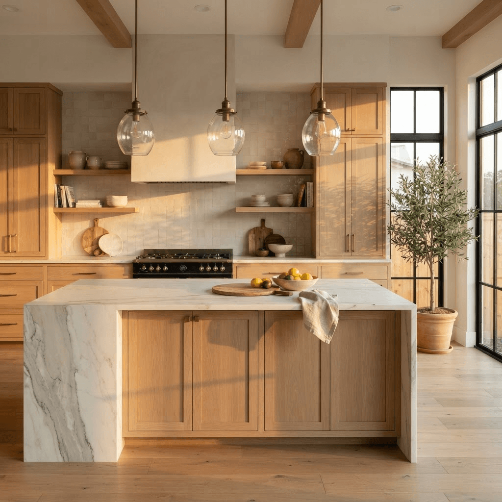 Remodeled Austin kitchen with a white quartzite waterfall island, white oak cabinetry, aged brass fixtures and blown-glass pendants in golden-hour light