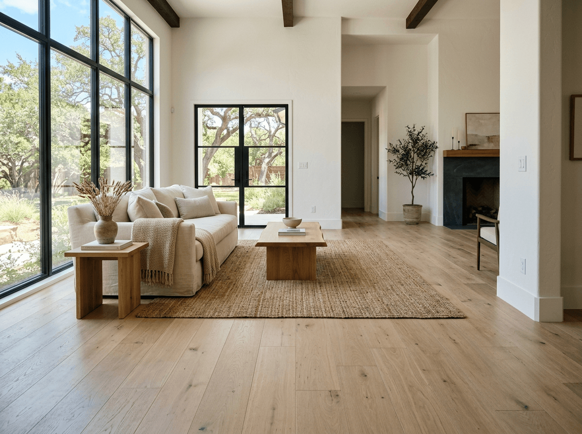 Wide-plank white oak floors in a living room