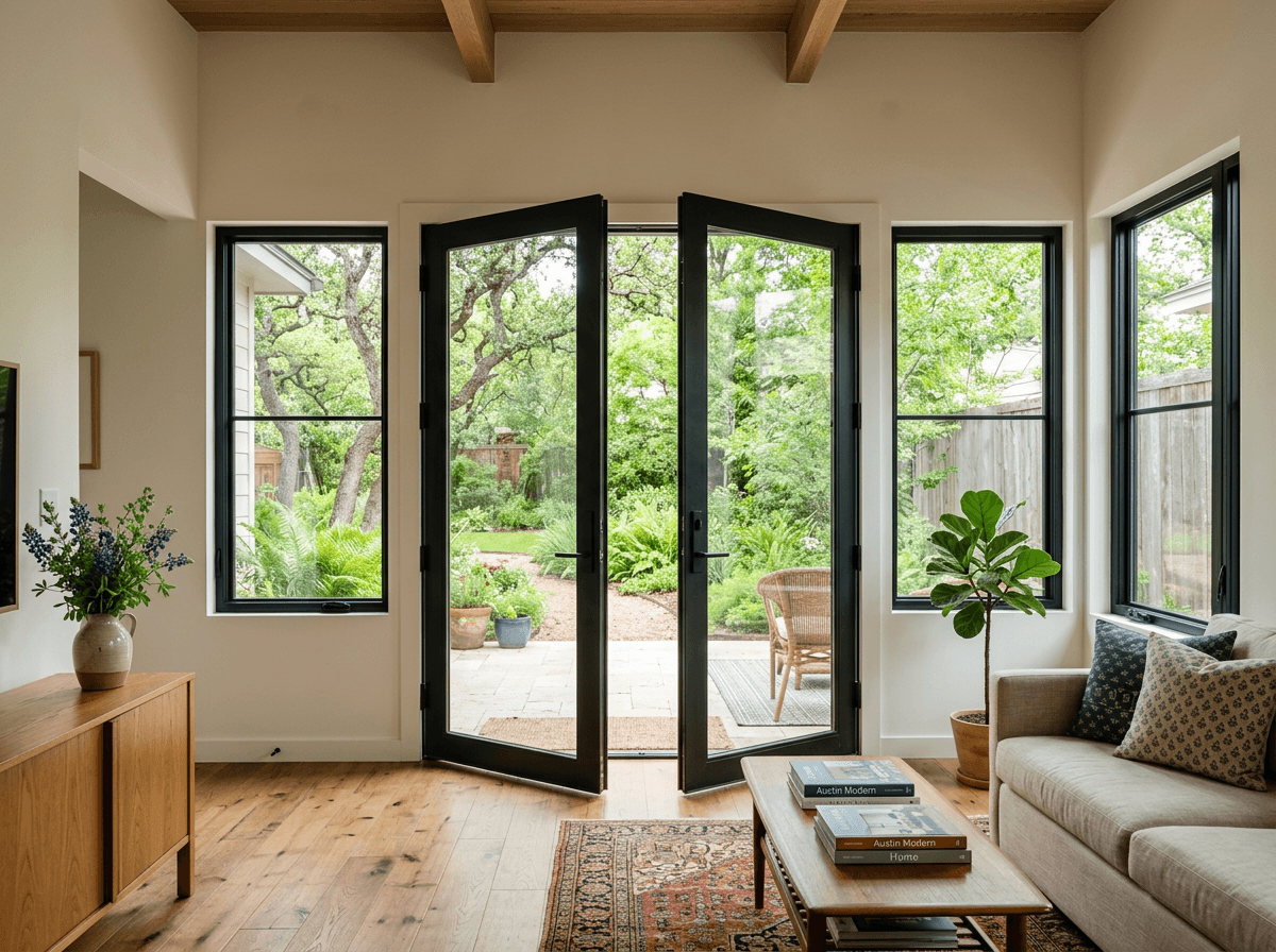 New black-framed windows and a patio door