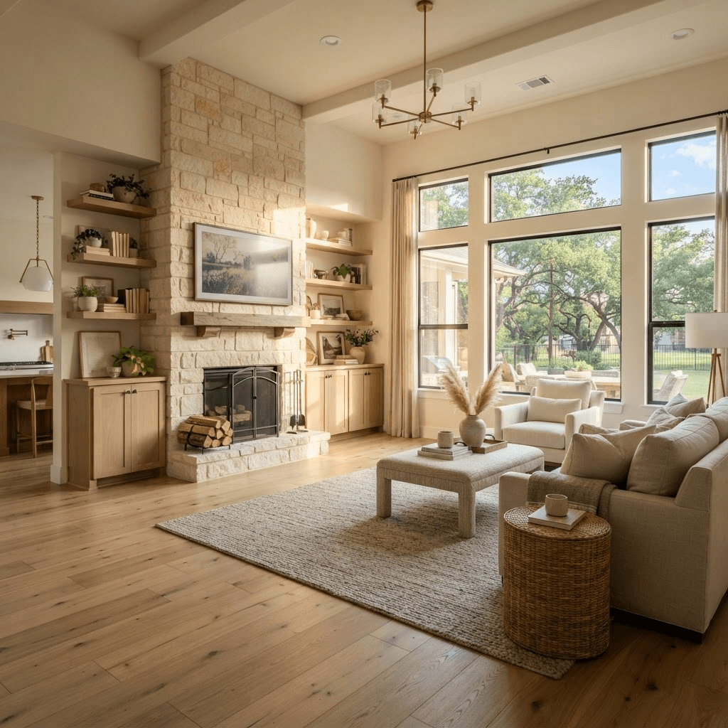 Living room remodel with limestone fireplace in Round Rock